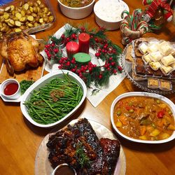 High angle view of food served on table