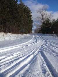 Snow covered road by trees against sky