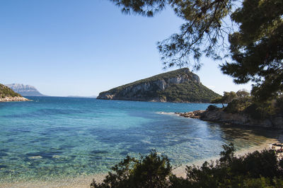 Scenic view of sea against clear blue sky