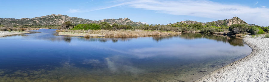 Scenic view of lake by mountain against sky