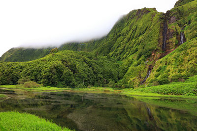 Scenic view of lake by mountains against sky