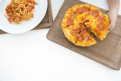 High angle view of food in plate on table