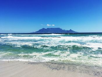 Scenic view of beach against clear blue sky