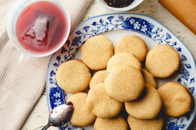 High angle view of cookies in plate on table