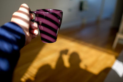 Cropped image of woman holding coffee mug in sunlight at home