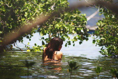 Rear view of topless woman swimming in lake