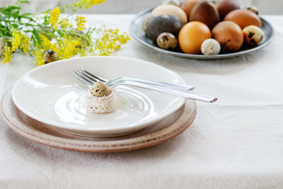 High angle view of fruits in plate on table