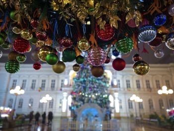 Low angle view of illuminated chandelier