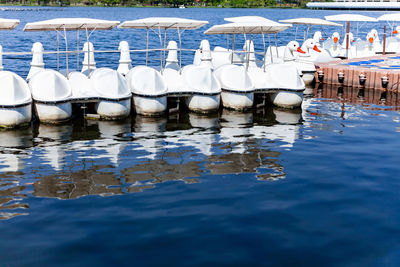Boats moored in sea
