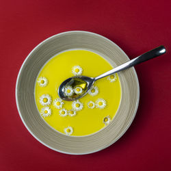 The spring soup with daisies on the plate