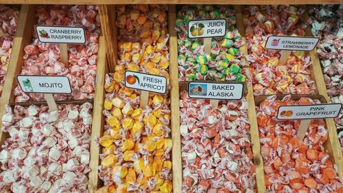 High angle view of various candies for sale at store