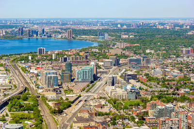 High angle view of city buildings