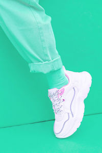 Fashion sneakers shoes. minimal monochrome design. aqua menthe aesthetic