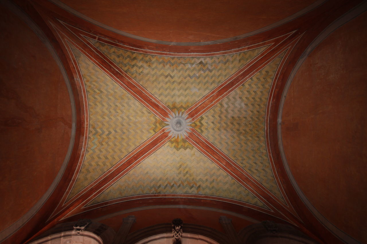 DIRECTLY BELOW SHOT OF ORNATE CEILING IN TEMPLE