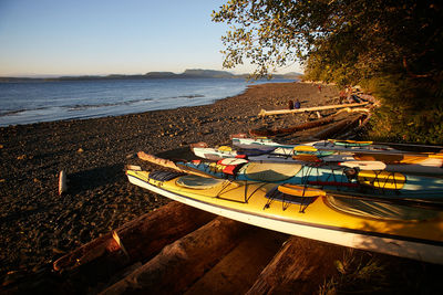 Boats moored on beach against sky