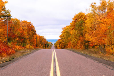 Empty road amidst trees during autumn