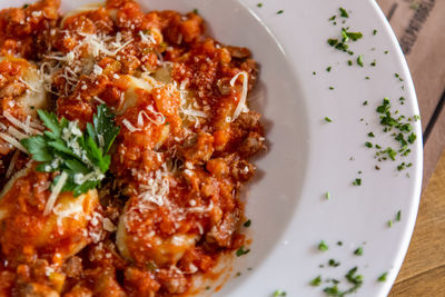 High angle view of food in plate on table