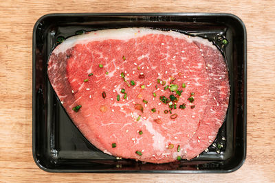 High angle view of food in plate on table