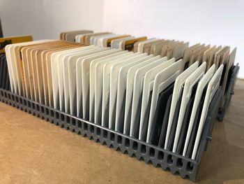 Close-up of floppy discs in row