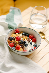 High angle view of breakfast served on table