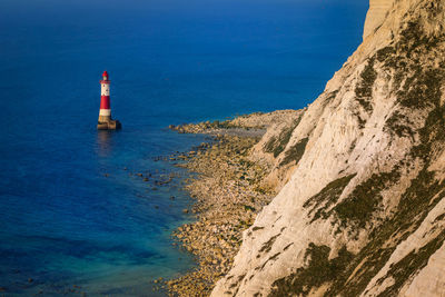 Lighthouse by sea against sky