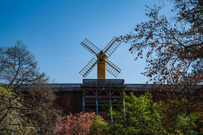 Low angle view of traditional windmill against sky