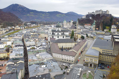 High angle view to historical skyline of city salzburg in austria