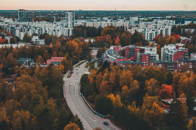 High angle view of street amidst buildings in city