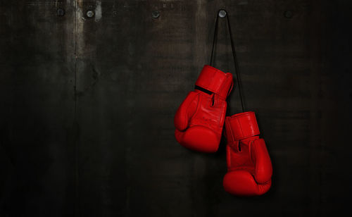 Close-up of red boxing gloves hanging on wooden wall