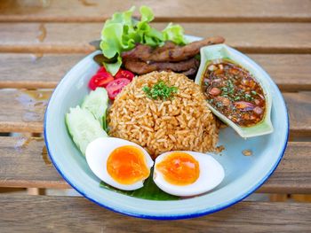 High angle view of breakfast served on table