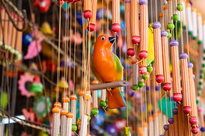 Close-up of multi colored decorations hanging for sale in market