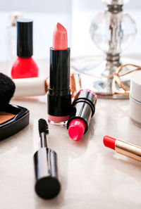 Close-up of beauty products on table