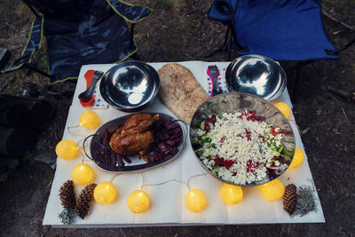 High angle view of breakfast served on table