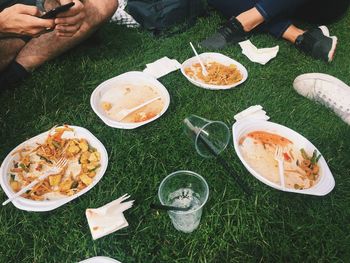 High angle view of people sitting by leftover food in plate on grassy field at preussen park