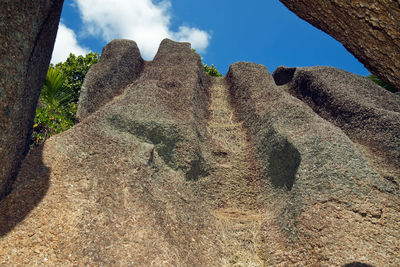 Low angle view of rock formations against sky