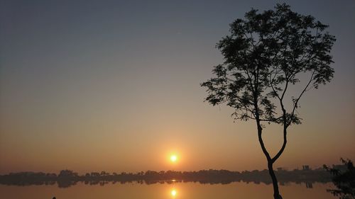 Silhouette tree by lake against sky during sunset