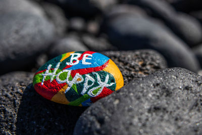 Close-up of multi colored pebbles on rock