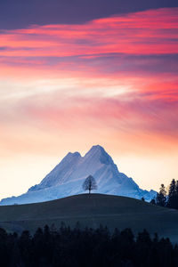 Scenic view of snowcapped mountains against sky during sunset