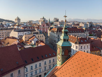 High angle view of townscape against clear sky