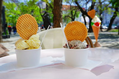 Close-up of ice cream on table