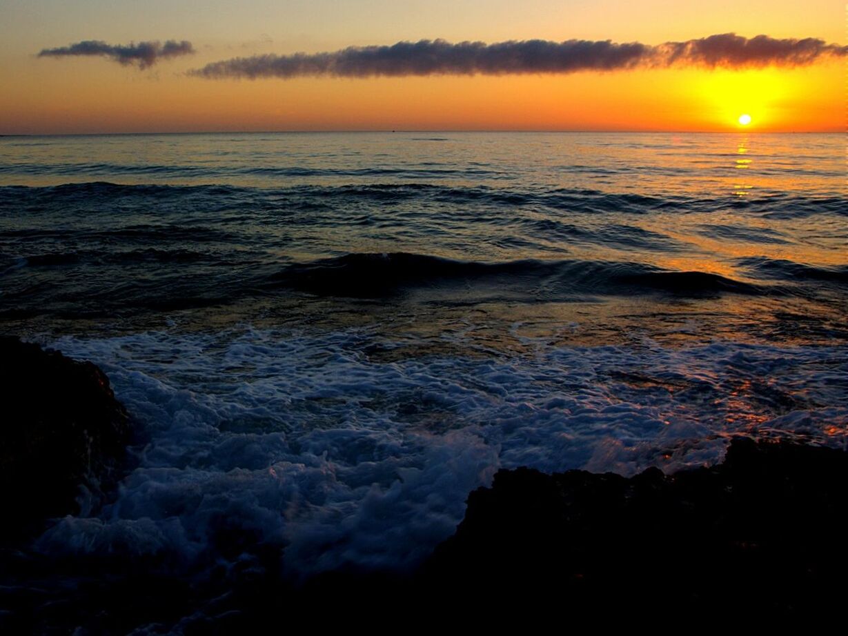 sunset, water, sea, scenics, beauty in nature, horizon over water, orange color, tranquil scene, tranquility, nature, sky, idyllic, sun, wave, beach, shore, rock - object, outdoors, surf, no people