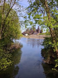 Reflection of trees and building in river