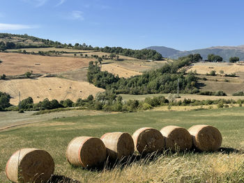 Hay bales on field against sky