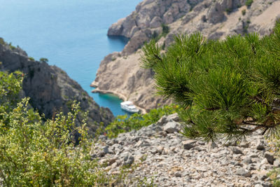 Scenic view of rocks by sea