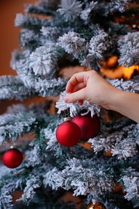 Cropped hand of woman holding christmas tree