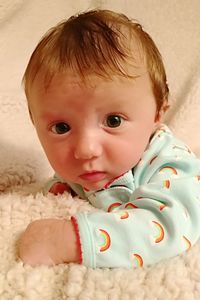 Portrait of cute baby girl on bed