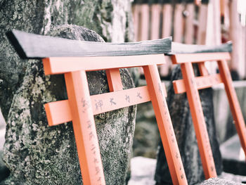 Close-up of text written on wood at temple