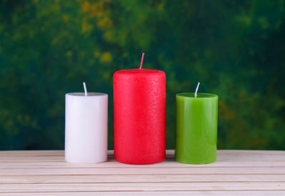 Close-up of colorful candles on table