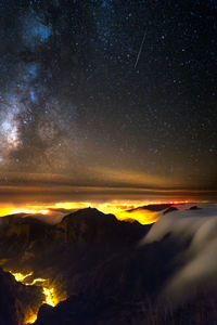 Scenic view of mountains against sky at night