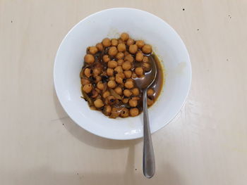 High angle view of breakfast in plate on table